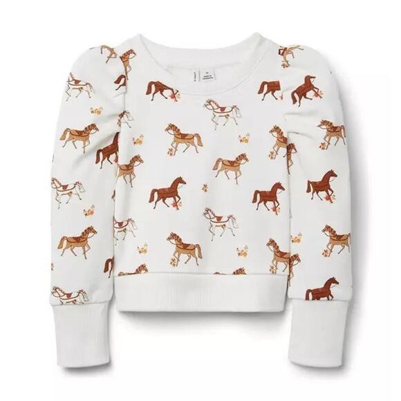 Janie And Jack Girls Horse Novelty Print Puff Sleeve Crewneck Sweatshirt 4 Ivory - Picture 1 of 9